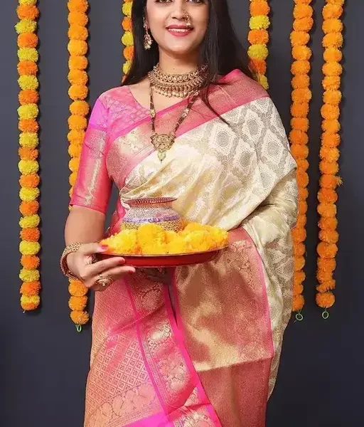 Elegant Kanjeevaram Cream Rich Pallu Saree For Woman